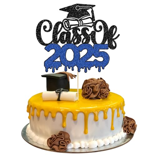 1Pc Class of 2025 Cake Topper Glitter Congrats Grad Cap 2025 Graduation Cake Pick for 2025 Graduation Theme High School Boys Girls Graduate Party Cake Decorations Supplies Black Blue