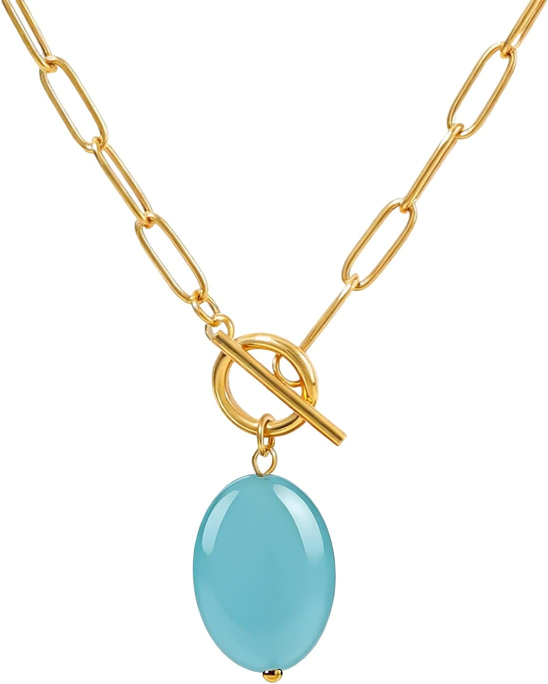 Pearl Gemstone Pendant Paperclip Toggle Necklace 18k Gold Plated Natural Pearl Stone Birthstone Chain Necklace Paperclip Jewelry Valentine's Day Gift for Women