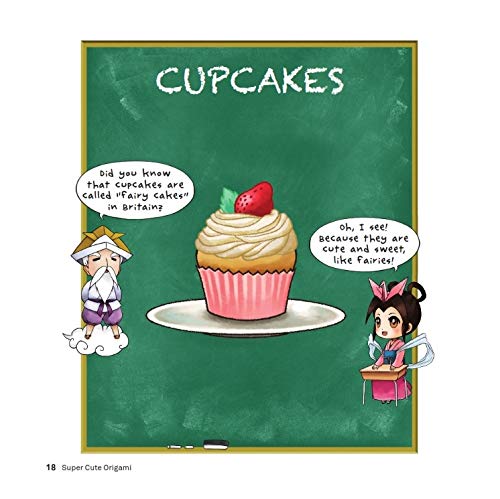 Page from the instruction book introducing the Cupcake origami project with an illustration of a cupcake and cartoon characters.