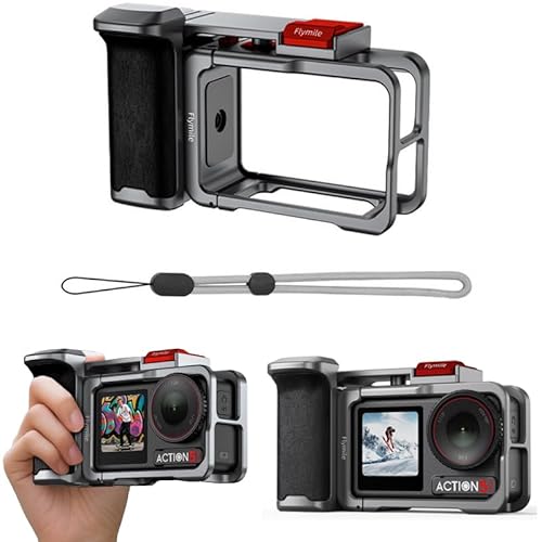 DJI ACTION 5 Pro/OSMO ACTION 4/OSMO ACTION 3 対応 カメラケージ キット グリップホルダー シャッターボタン付, 紛失防止用ストラップ 付き/冷靴端子を備えた接続口で マイクや補光灯を接続できます。