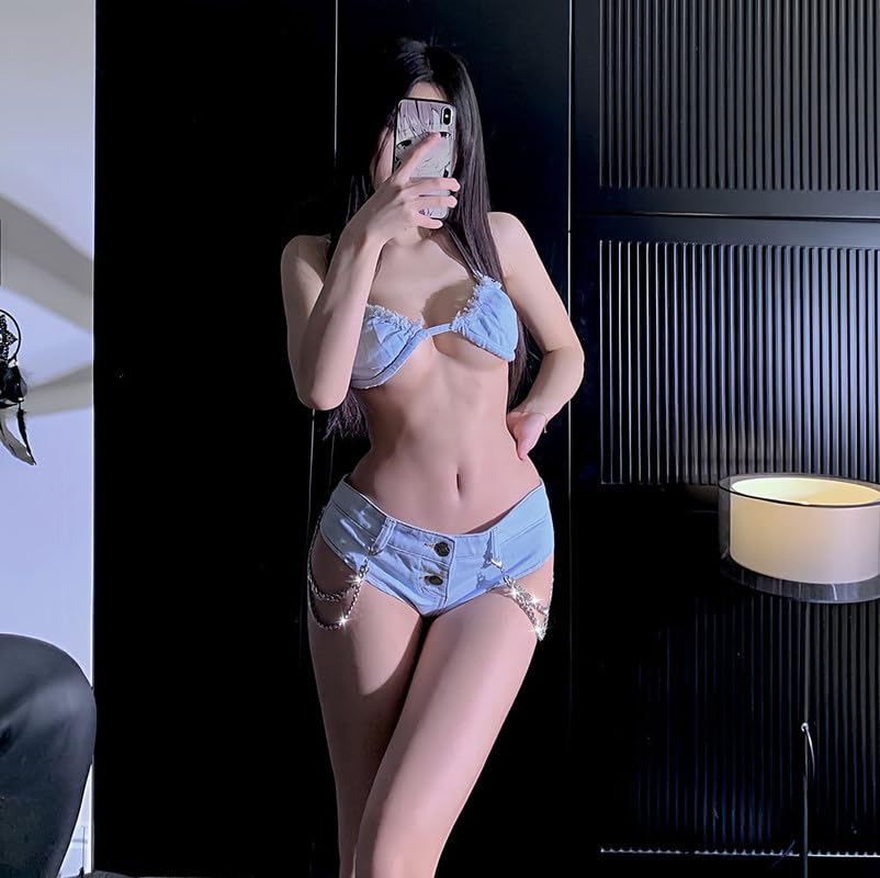 LAFOURAM Womens Denim Bikini Set Sexy Bra and Shorts Summer Date Nigh Coquette 2 Piece Outfits2