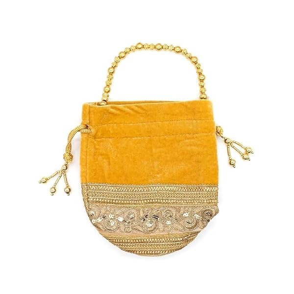 Designer Velvet Potli Bag For Women With Golden Embroidery & Pearl Handle Tassel Matka Style Traditional Hand Bag (Yellow) - Image 3