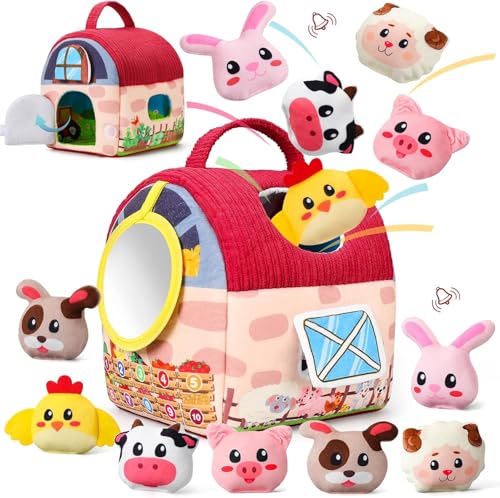 LEADSTAR Juguetes para Niños de 6 a 12 Meses,Animales de Granja Montessori Juguetes Sensoriales con Peluche Suave y Animales Espejo,Juego de Aprendizaje para Niños,Regalo Bebe 1 Año