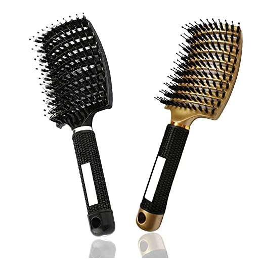 Boar Bristle Hair Brush 2 Pack, Detangling Brush, Vented Curved Hair Brush for Thick Curly Fine Wet Dry Long Hair, MYMOOSH Fast Dry No Tangle Hair Brush, Boar Bristle Brush for Women Men Kids (gold)
