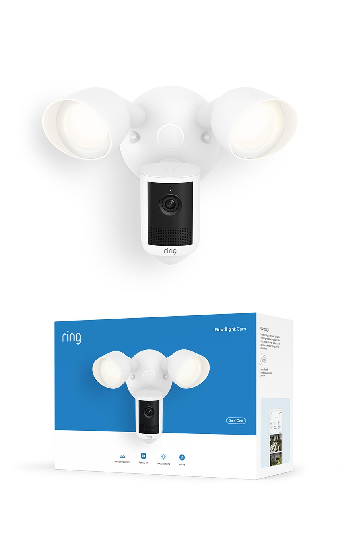 Ring Videocamera con proiettori (Floodlight Cam), alimentazione via cavo(ultimo modello),video 2K, zoom avanzato 6x, proiettori ultraluminosi,prova gratuita di 30 giorni del piano di abbonamento Ring