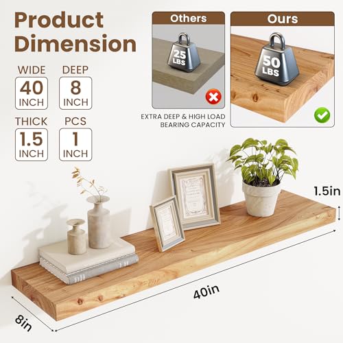 Image of Acovy Extra Deep 40 inch Long Rustic Solid Wood Floating Shelves for Wall, Wall Shelves with Invisible Bracket for Living Room Bathroom Bedroom Kitchen, Set of 1, Natural