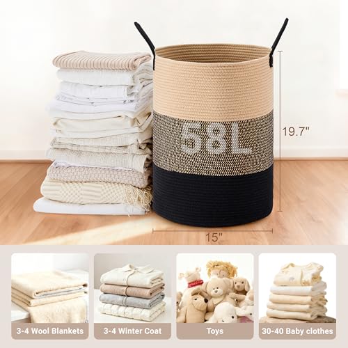 Image of 58L Tall Cotton Rope Laundry Basket with Handles, Brown & Black