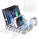 SooPii USB Charging Station,50W Dock Station for Multiple Devices,6 Mixed Charging Cables Included, 6 Port USB Charger Station Organizer for Phones,Tablets,and Other Electronics (Silver)