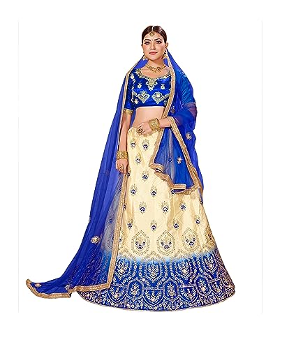 MANVAA Women'S Beige,Blue Semi-Stiched Embroidered Sattin Silk Lehenga Choli (PRNDA1003) Deal