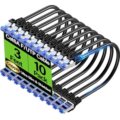 Cat6A Ethernet Cable Shielded 10Gbps 3 ft (10 Pack), Slim Shielded (F/UTP) Ethernet Cable Cat 6, Flexible 28AWG Bare Copper Cat6 Cable, Space-saving Cat 6a Network Cable for Server, Data Center, Black