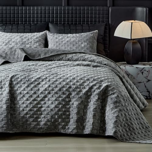 WARMDERN Luxury Velvet Quilt Queen Size, Geometrical Stitch Quilts Set, Soft Lightweight Bedspread and Coverlet, Light Grey Bedding with 2 Pillow Shams for All Season, 90" x 96"