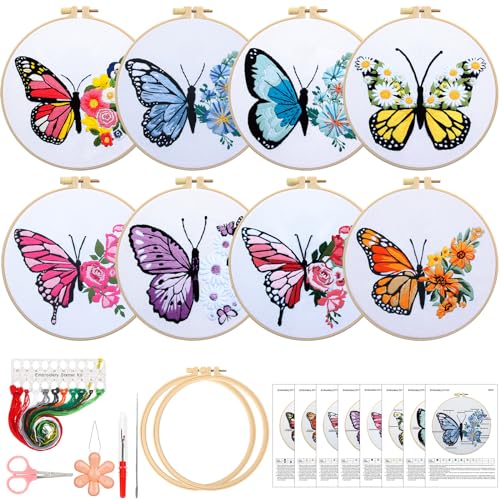 Riceshoot 8 Set Butterfly Floral Embroidery Kit for Beginner Adults Cross Kit with Pattern Instruction, Embroidery Cloth and Hoops, Thread, Needle, Needle Threader, Thread Remover, Scissors