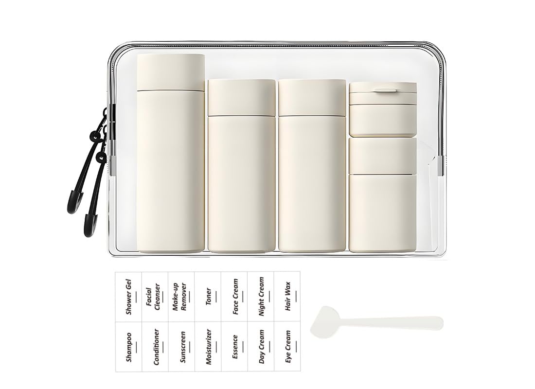 Paquete de 5 Botellas de Viaje Breves y Modernas aprobadas por la TSA, sin BPA, Botellas Recargables para cosméticos, champú, Crema, acondicionador... (Nordic Ancient Antique White)