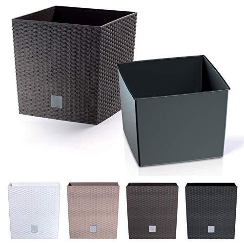 Blumenkübel Blumenkasten Blumentopf Übertopf Rattan Optik Pflanzkübel mit Einsatz Modell Low (400 Anthrazit)