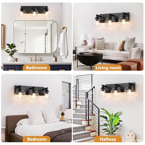 Image of LmnLvn Farmhouse 3-Light Vanity Light, Matte Black Metal with Glass Shade