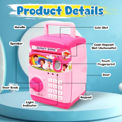 Image of Wembley Finger Print Sensor ATM Piggy Bank for Kids Girl Boys Gullak for Money Bank with Password & Music Auto Scroll Money Saving Box with Coin Cash Slot Gifts for Kids - Pink