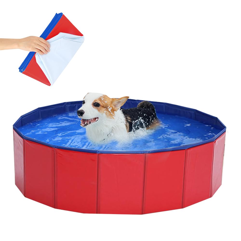 LUFEIS Hundepool, 60x20cm Hundepool Schwimmbad,Hundebecken Faltbar mit Ablassventil,Planschbecken Rutschfest, Swimmingpool für Hunde,Faltbarer Pool Hundepools Schwimmbecken für Kleine Hunde Katze(Rot)