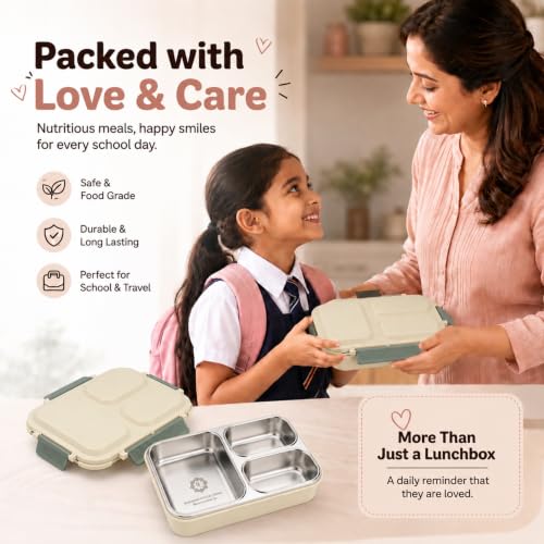 Image of Stainless Steel Lunch Box for Kids, 304 Grade Steel 3 Compartment Leakproof Tiffin Box for Boys & Girls, School Lunch Box, Travel Food Container & Snack Box, Green