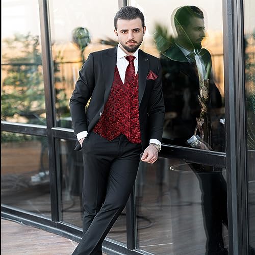Image of DiBanGu Mens Paisley Vest Silk Sleeveless Suit Vest and Neck Tie Pocket Square Cufflinks Set for Wedding Formal