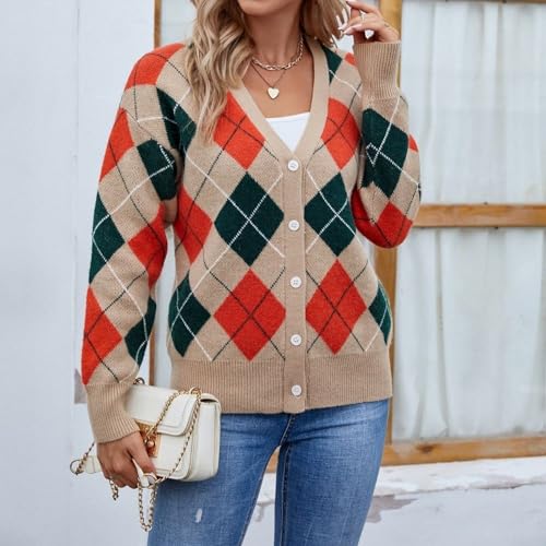 Image of Women's Long Sleeve Cardigan Sweater,Cute Y2K Top Knit Colorful Patterned V Neck Button Outwear S~XL