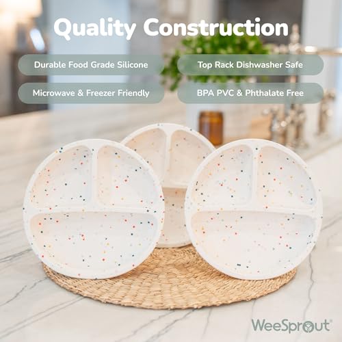 Image of WeeSprout Suction Plates for Babies With Lids & Toddlers - 100% Silicone, Dinnerware Stays Put, Divided Design for Picky Eaters, Microwave & Dishwasher Friendly, 3 Pack