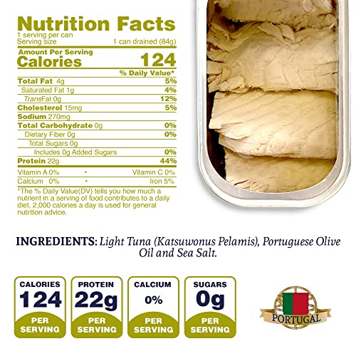 Image of Santo Amaro - Artisanal Wild Tuna Fillets in Virgin Olive Oil, Hand-Packed Canned Tuna from Portugal, Atlantic Natural Tuna, Pole & Line Skipjack Tuna Canned, Low Mercury, 22g Protein Keto, Pack of 3