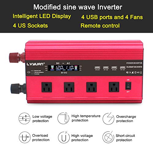 LVYUAN Power Inverter 2500W/5000W Inverter 12V to 110V Dc to AC DC 12V Inverter with Remote Control LCD Display 4 AC Sockets 4 USB Charge Ports 4 Cooling Fans