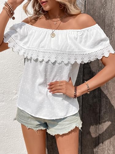 MakeMeChic Women's Off The Shoulder Tops Short Sleeve Loose Lace Summer Top3