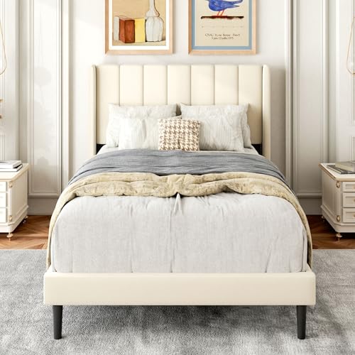 Gruwans Twin Size Bed Frame with Upholstered Wingback Headboard, Easy Assemnly Platform Bed, Wooden Slat Support No Box Spring Needed, Cream