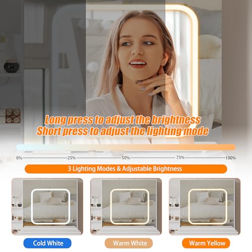Vanity Desk with Sliding Mirror and Lights, Makeup Vanity Set with 4 Drawers, Stool, Power Outlet, Open Shelves, 3 Color Adjustable Lighting Modes, Makeup Dressing Table for Bedroom, Marble-White