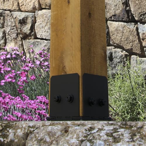 Image of Ozco Ironwood 6x6 Post Base Kit, Includes 1 Post Base Plate, 4 Decorative Plates, 8 Hex Cap Nuts, OWT Timber Screws, Galvanized Steel for Pergolas | 56638