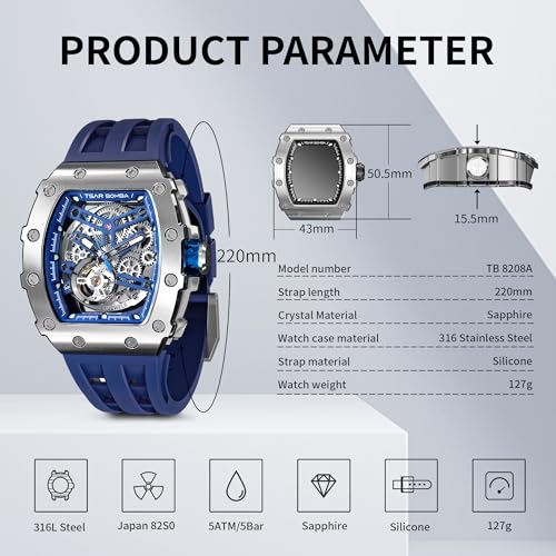 Image of TSAR BOMBA Men's Automatic Watch Tonneau Luxury Skeleton Watches for Men Mechanical 50M Waterproof Analogue Watches Mens Unique Cool Square Big Face Dial Wristwatch with Silicone Strap Band