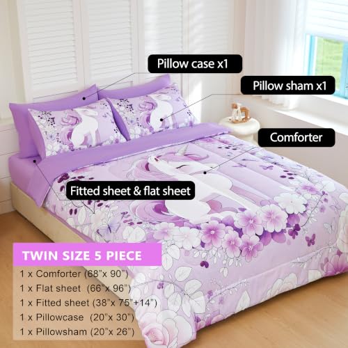 Image of Twin Bedding Set for Girls 5 Piece Purple Unicorn Comforter Set for Girls Super Soft Microfiber Bed Set Bed in a Bag with Comforter Sheets Pillowcase & Sham (5 Piece Twin Size)