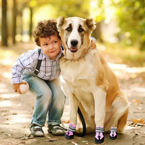 Muecleao Hundeschuhe Pfotenschutz, 4 Stück Wasserdicht Anti-Rutsch Hundestiefel mit Rutschfester Sohle und reflektierendem Klettverschluss, Hunde Schuhe für kleine, Mittlere und Große Hunde (Rosa, S)