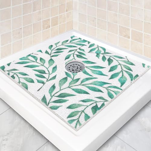 Image of Square Shower Mat Non Slip: 32 x 32 Inch Extra Large Shower Mats with Drain Hole in Middle - PVC Loofah Anti Slip Shower Floor Matt for Inside Shower