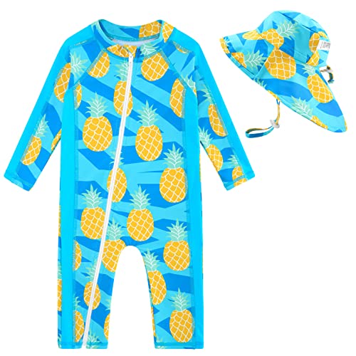 Image of UNIFACO Baby Boy Swimsuit UPF 50+ Sun Protection One Piece Zip Bathing Suit with Sun Hat Infant Sunsuit Swimwear