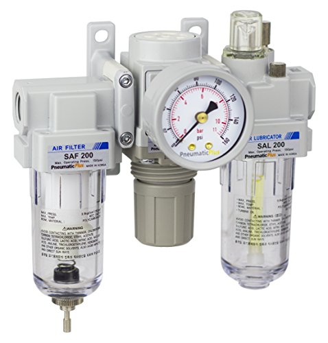 Image of PneumaticPlus SAU200-N02G Mini Compressed Air Filter Regulator Lubricator Combo 1/4" NPT - Poly Bowl, Manual Drain, Bracket, Gauge