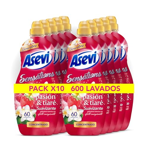Asevi Suavizante para Ropa Sensations Pasión & Tiaré - Suavizante Concentrado para Lavadora con Fragancia Energizante - Esencias Naturales - Suavidad Duradera para Todo Tipo de Tejidos - 10x60 Lavados