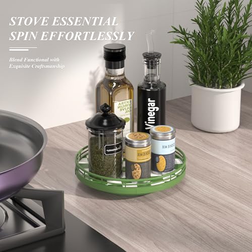 Image of Premium Rubber Wood Lazy Susan Turntable, Green White Checkerboard Decorative Serving Tray, Hand-Welded Metal Railing, Stable Rotating Organizer for Dining Table, Kitchen Counter, Coffee Table Decor