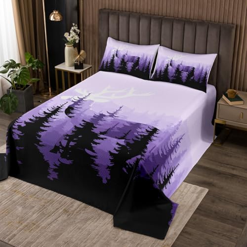 Deer Coverlet Set Kids Botanical Forest Bedspread Boys Girls Decor Deer Hunting Quilted Coverlet Microfiber Farmhouse Wild Animal Purple Quilted 3Pcs King Size
