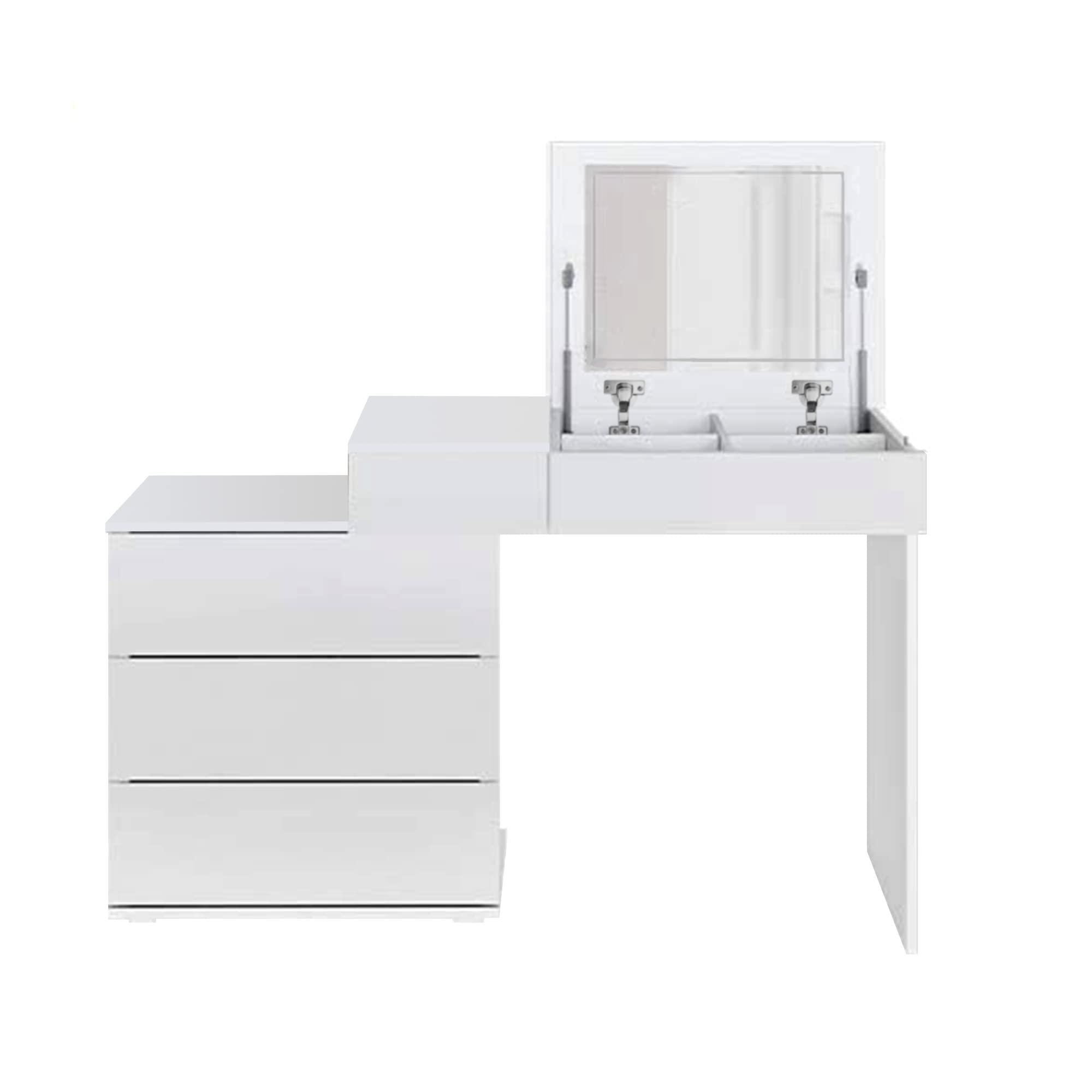 ML-Design Tavolo Cosmetico da Toilette Bianco con Specchio Pieghevole 4 Cassetti e 4 Scomparti 117,5 x 78 x 45 cm Tavolino Toelette Make-up in Legno MDF per Signore e Ragazze