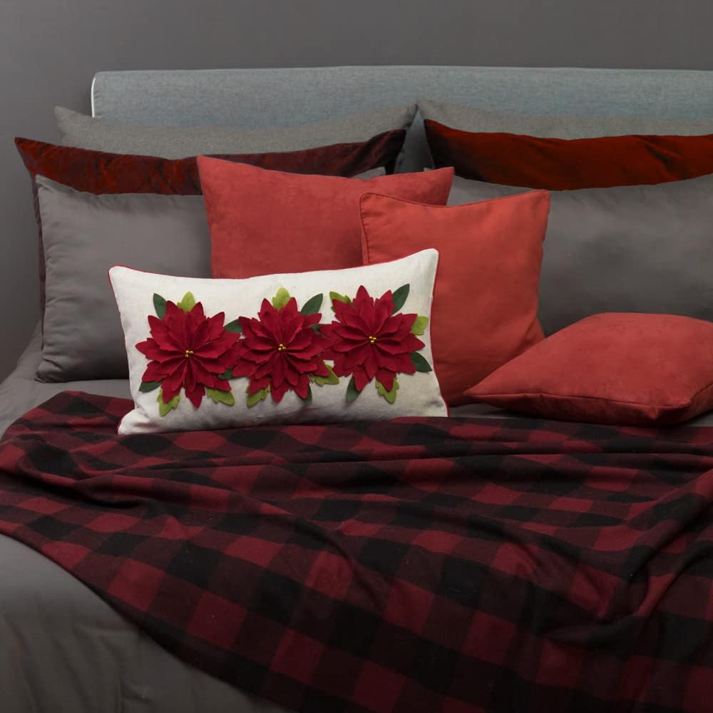 JWH Christmas Poinsettia Pillow Cover Decorative Stereo Flower Throw Pillow Green Leaf Accent Pillow Case Winter Holiday Cushion for Home Bed Living Room Couch Decor Sham 14x24 Inches Beige Red