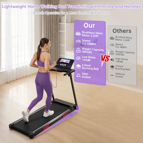 Image of Walking Pad Treadmill with Handle Bar, 3.0HP Portable Electric Treadmills for Home Exercising, 0.6-7.6MPH Mini Walking Pad Treadmill with Incline, Small Under Desk Treadmills for Home Small, 350LBS