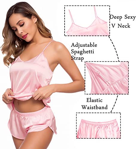 Image of SWOMOG Womens Silk Satin Pajamas Sets 4pcs Sleepwear Sexy Cami Shorts Set and Button Down Short Sleeve Pjs Loungewear