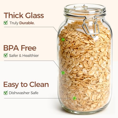 Image of ComSaf Large Glass Mason Jars with Airtight Lids Half Gallon 3 Pack Bulk | BPA-free food-grade glass, wire clamp seal, half-gallon 71 oz bulk, vegetable pickling, fermentation jars, candy jar