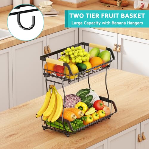 ANTOPY Fruit Basket, 2 Tier Fruit Bowl with Banana Hanger, Kitchen Countertop Vegetable Rack, Metal Bowls Stand Holder for Fruit Vegetables Bread Snacks - Cosy Home Interiors ANTOPY Fruit Basket, 2 Tier Fruit Bowl with Banana Hanger, Kitchen Countertop Vegetable Rack, Metal Bowls Stand Holder for Fruit Vegetables Bread Snacks - Image 3