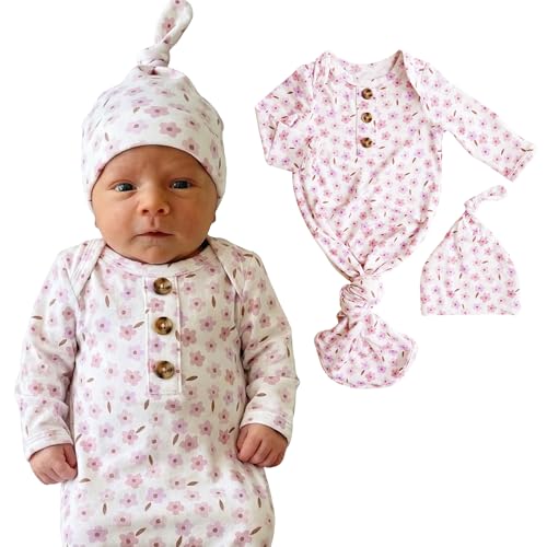 Image of Caden Lane Newborn Knotted Gown with Hat, Soft Bamboo Viscose Baby Sack, Unisex Infant Breathable Night gown