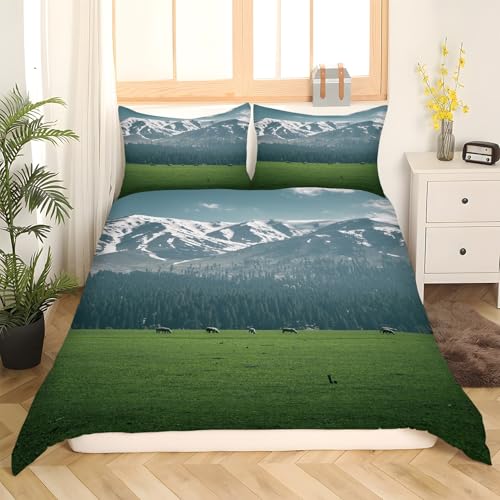 Housse de couette 220x240 prairie et parure de lit paysage montagne microfibre - 3
