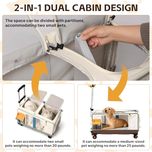 Wudlep Cat Rolling Carrier, Double-Compartment Pet Rolling Carrier With Wheels For 2 Pets, Rolling Pet Carrier With Telescopic Handle And Shoulder Strap, For Traveling, Walking, Camping - 3