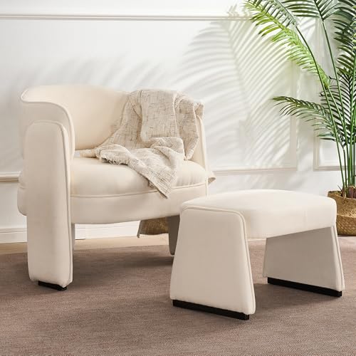 LOULENS Oversized Accent Chair with Ottoman, Modern Fabric Upholstered Barrel